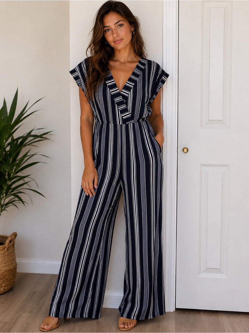 Monteau Navy and White Striped V-Neck Wide-Leg Jumpsuit
